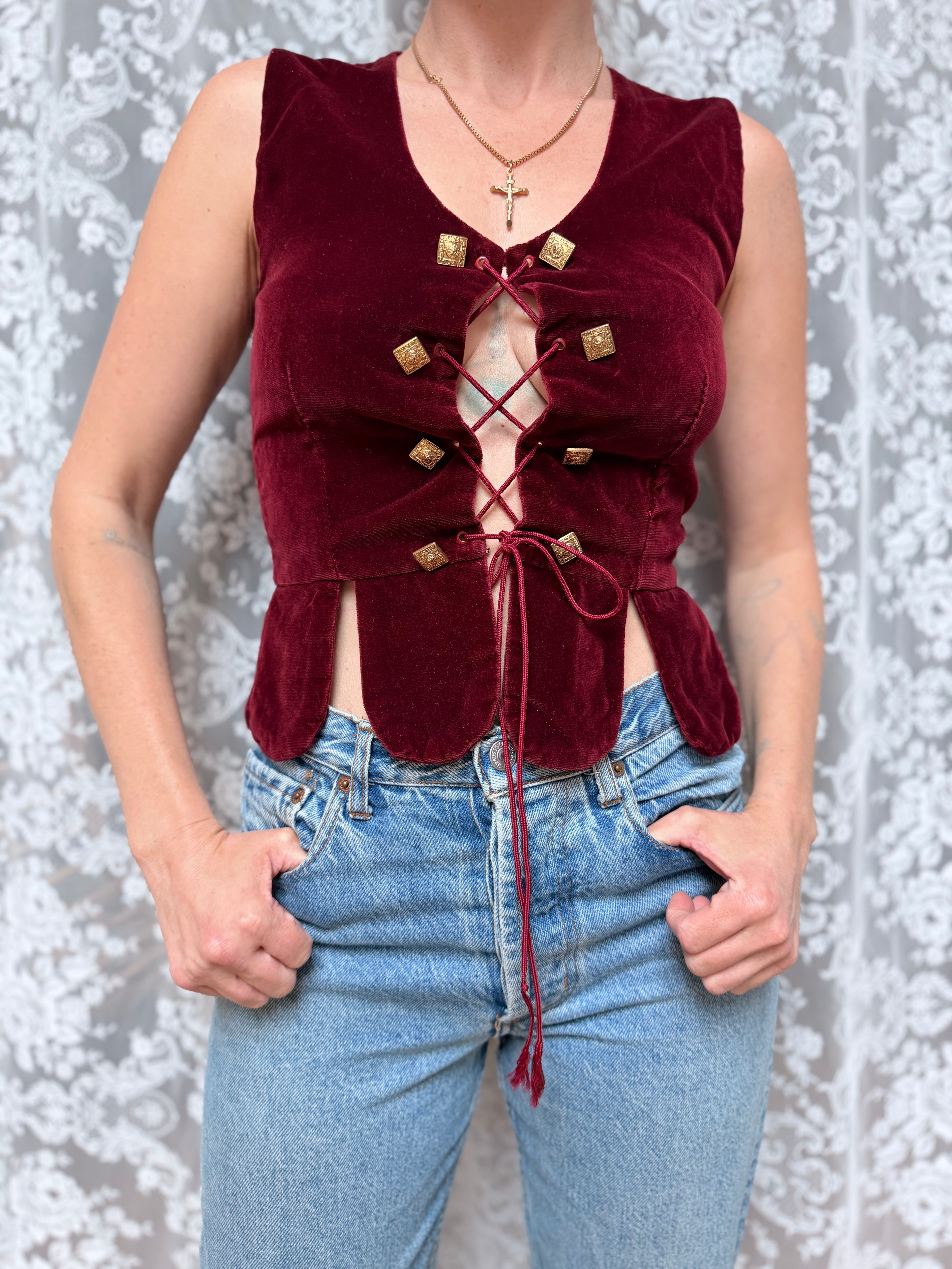 Vintage 1970s Red Velvet Revival Corset Waistcoat