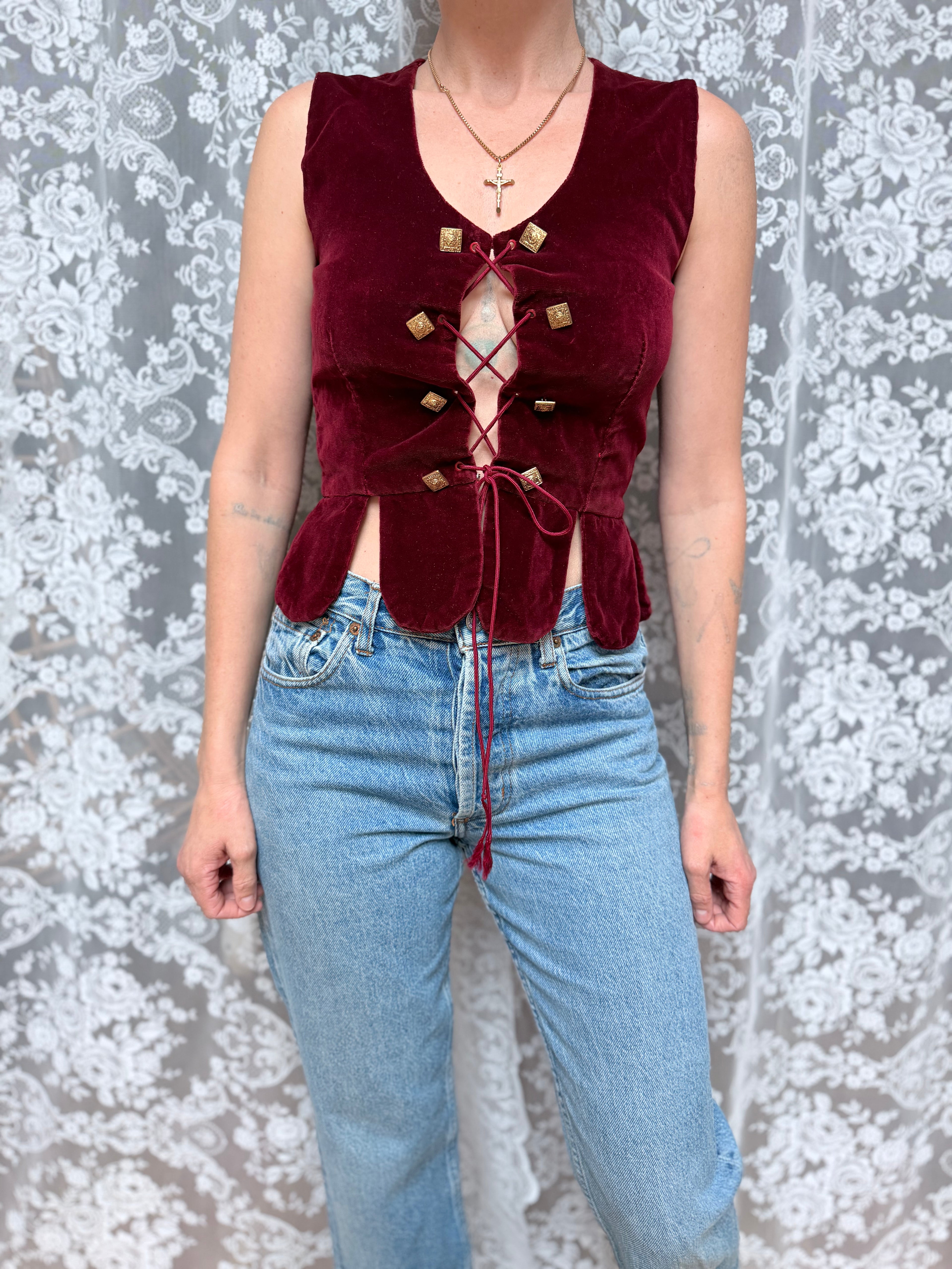 Vintage 1970s Red Velvet Revival Corset Waistcoat