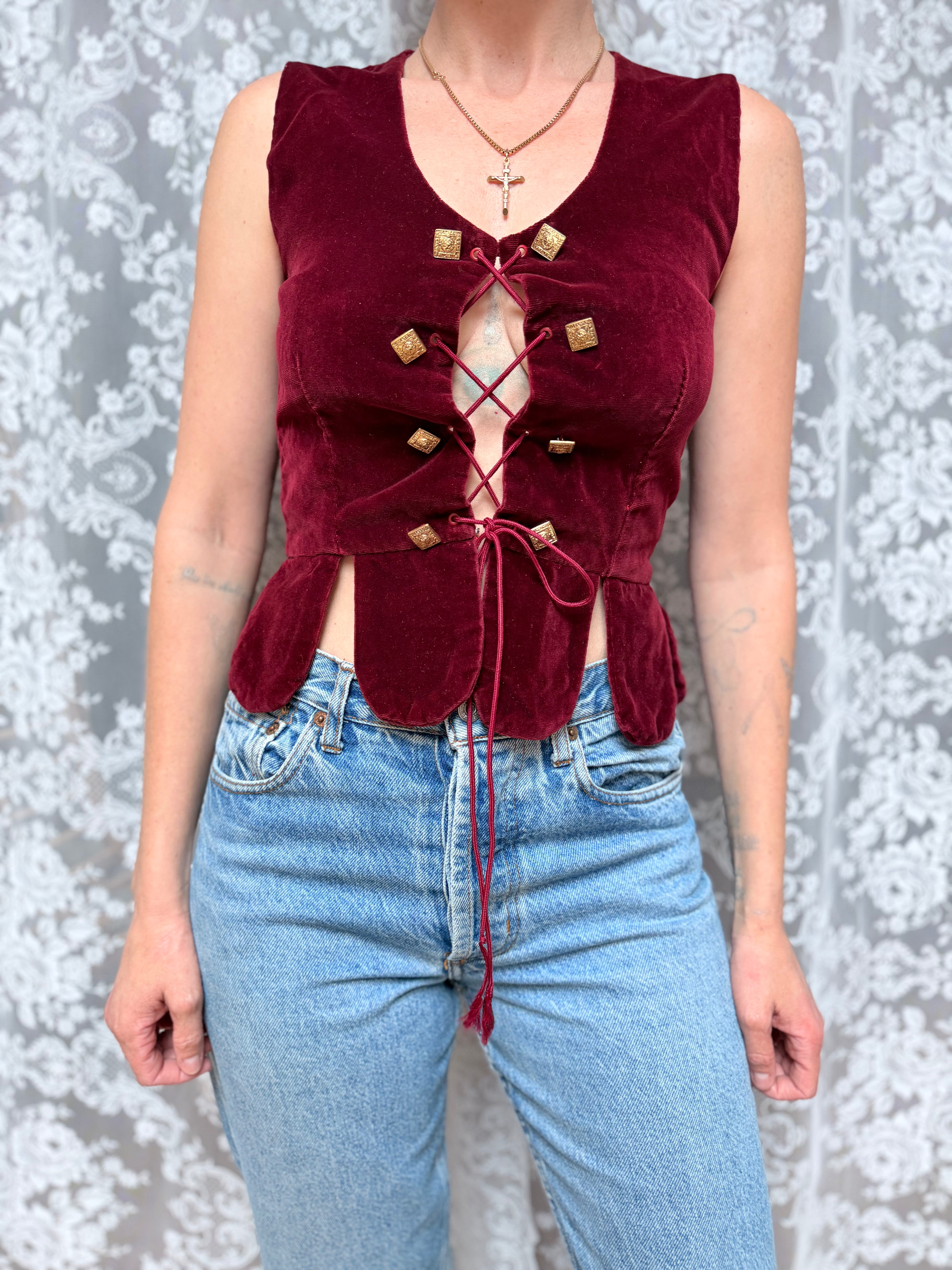 Vintage 1970s Red Velvet Revival Corset Waistcoat