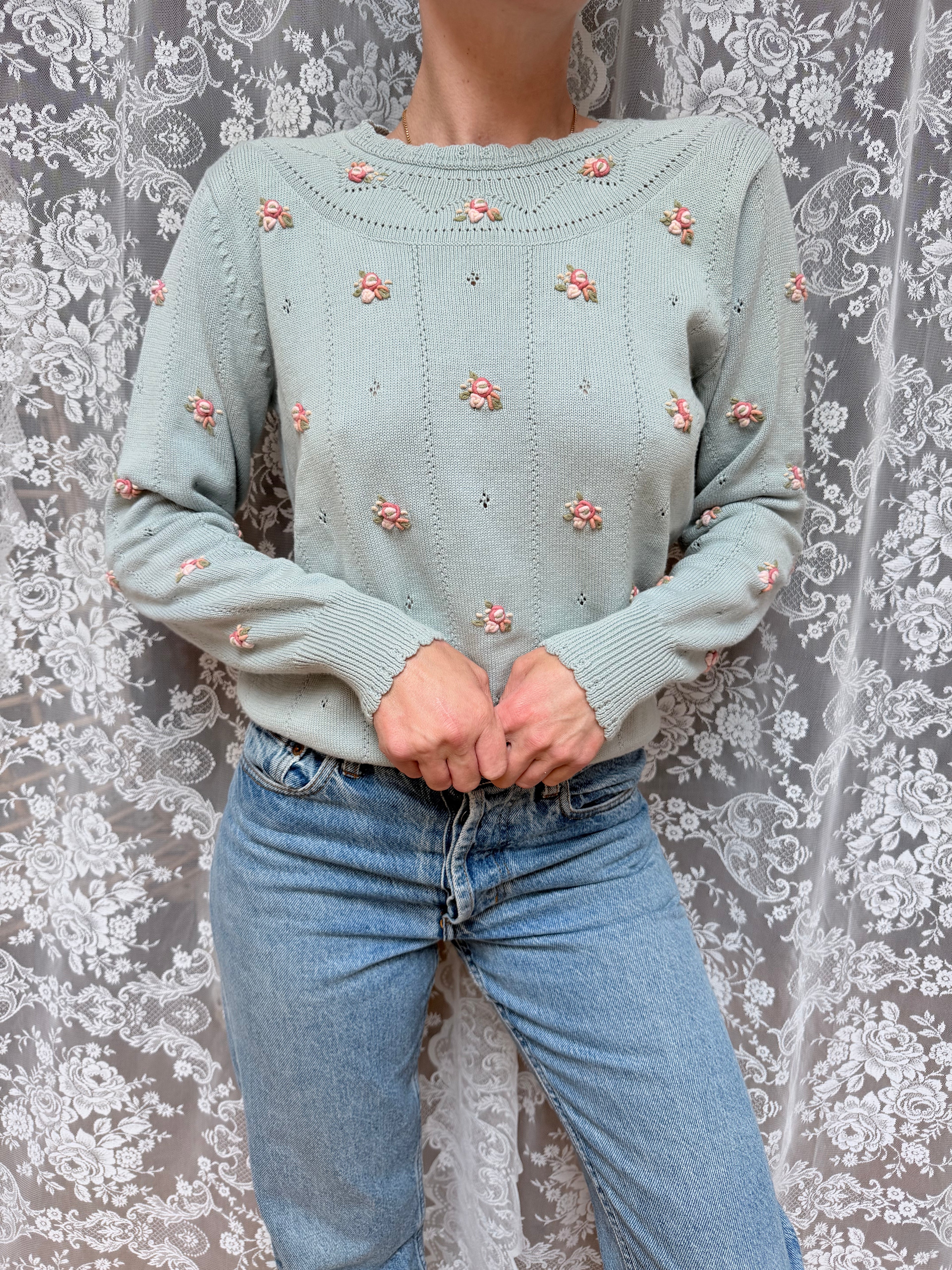Laura Ashley 1980s Baby Blue & Pink Rose Cotton Cottagecore Jumper