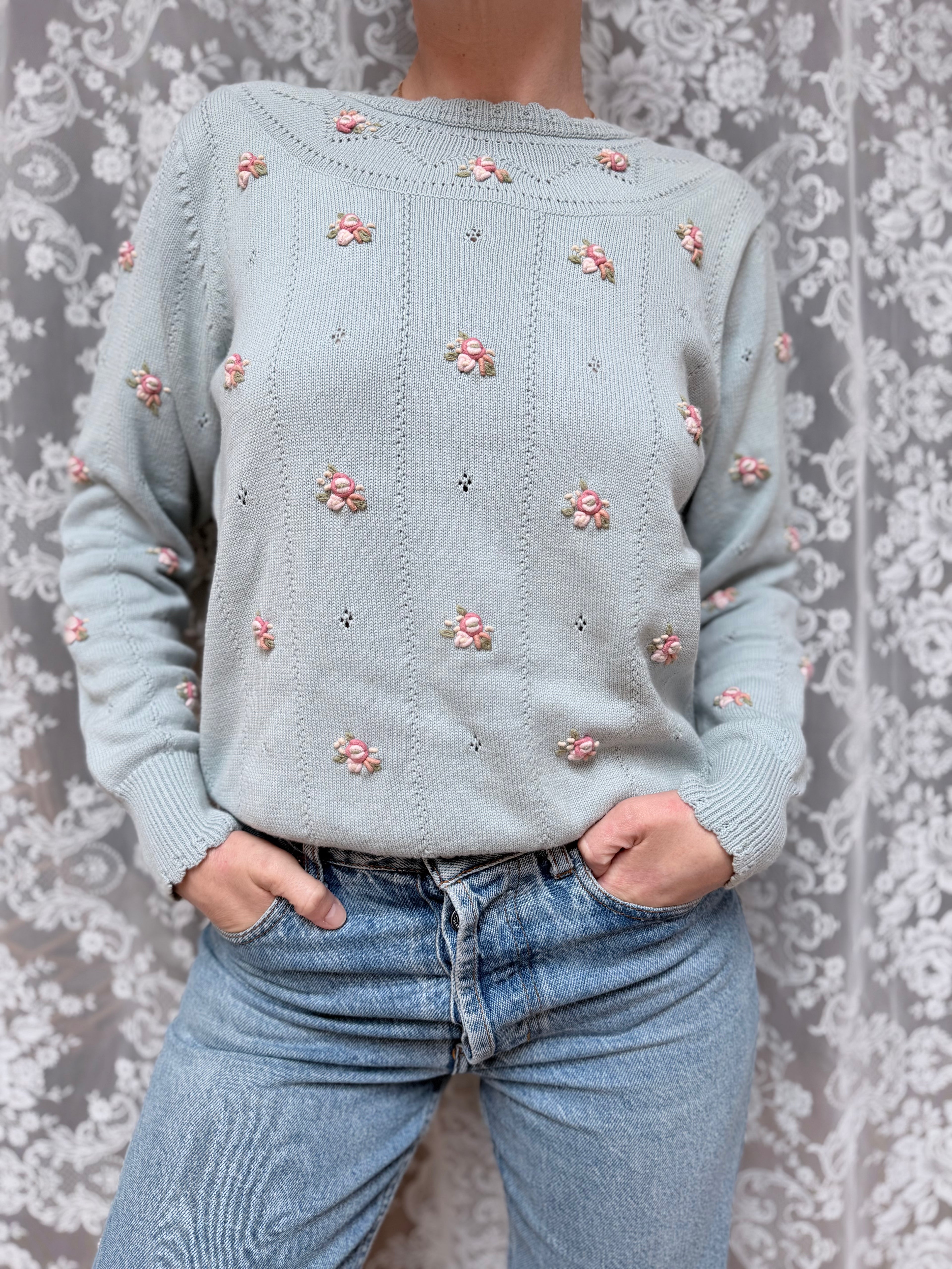 Laura Ashley 1980s Baby Blue & Pink Rose Cotton Cottagecore Jumper
