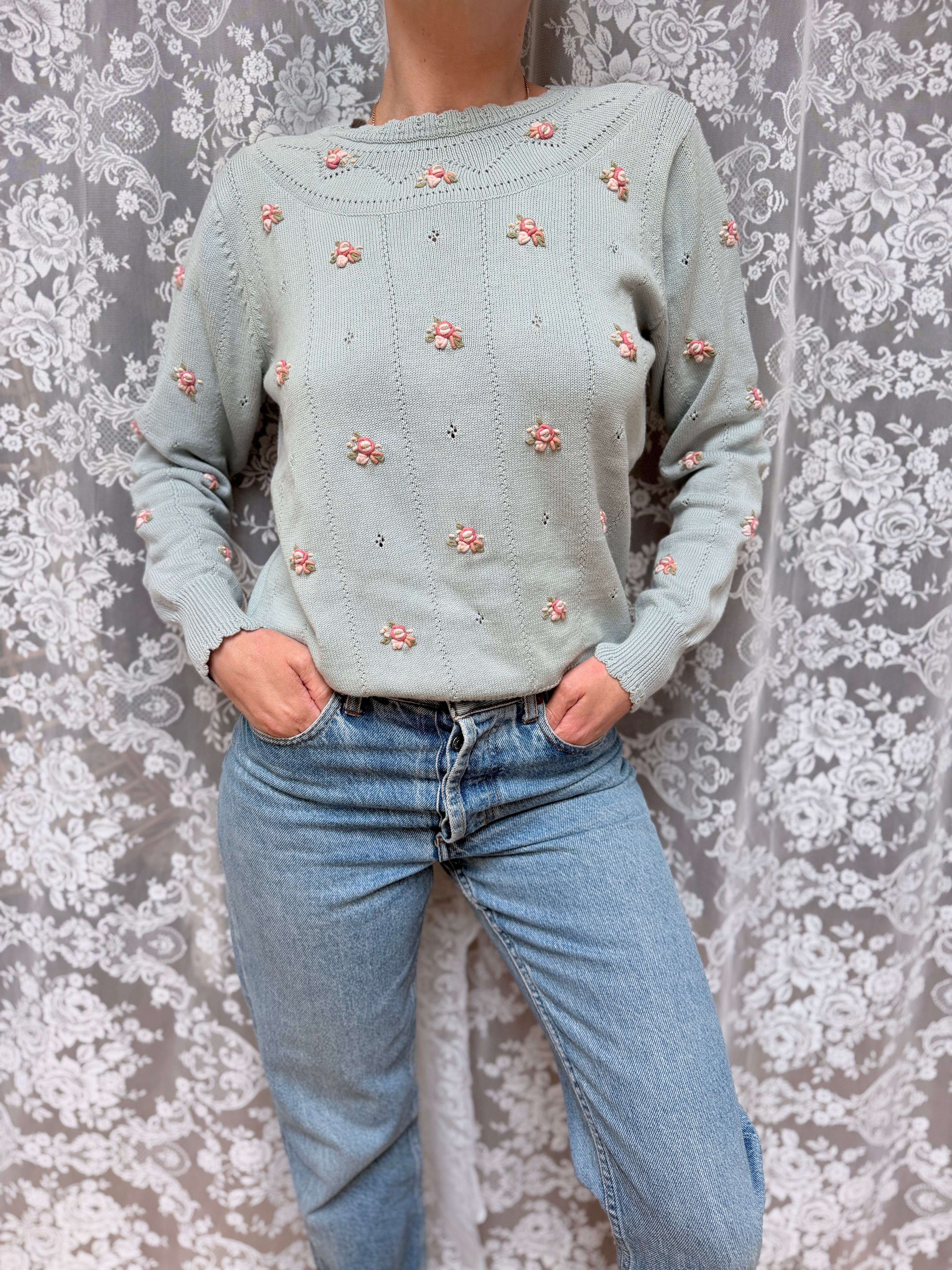Laura Ashley 1980s Baby Blue & Pink Rose Cotton Cottagecore Jumper
