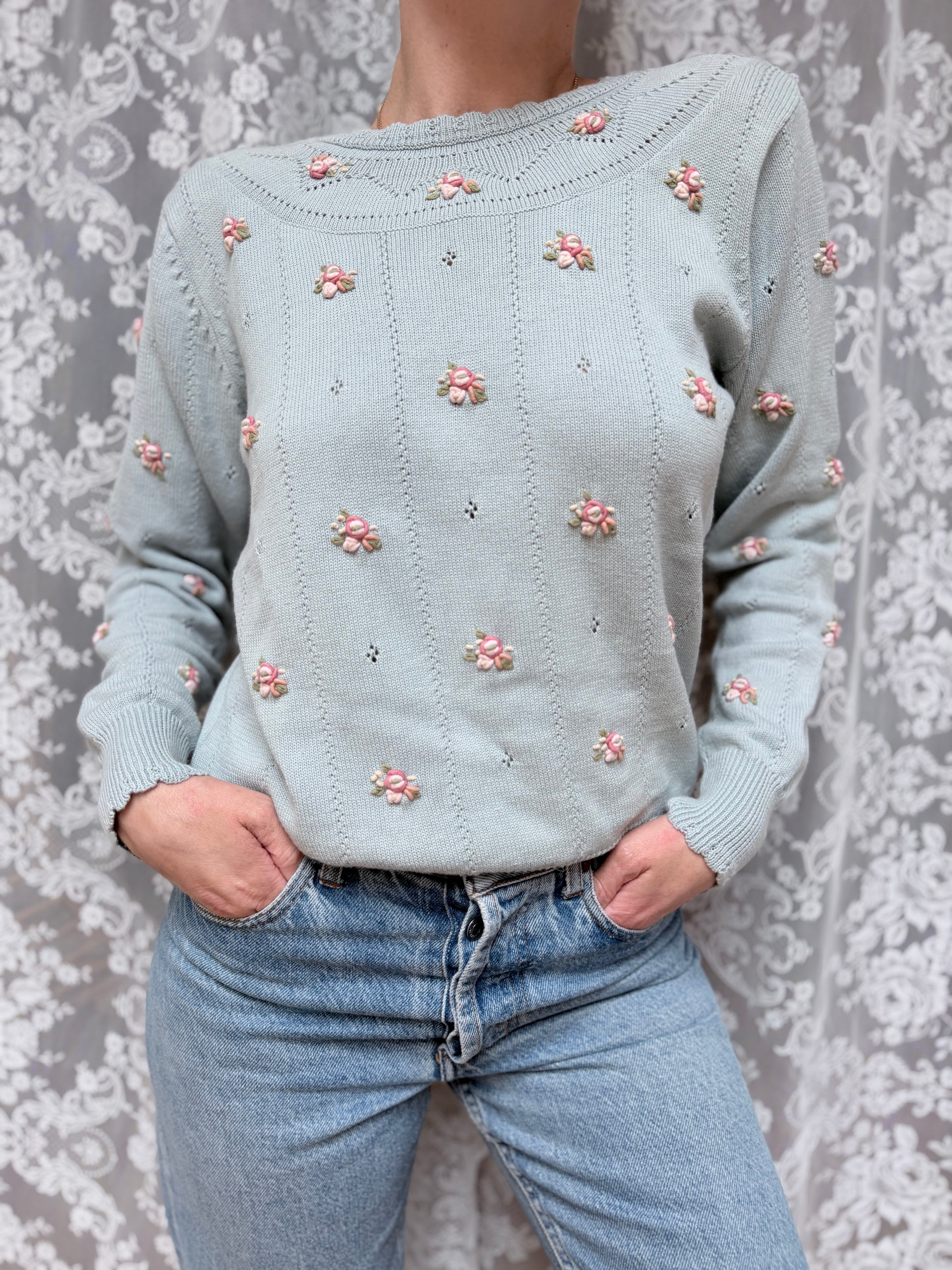 Laura Ashley 1980s Baby Blue & Pink Rose Cotton Cottagecore Jumper