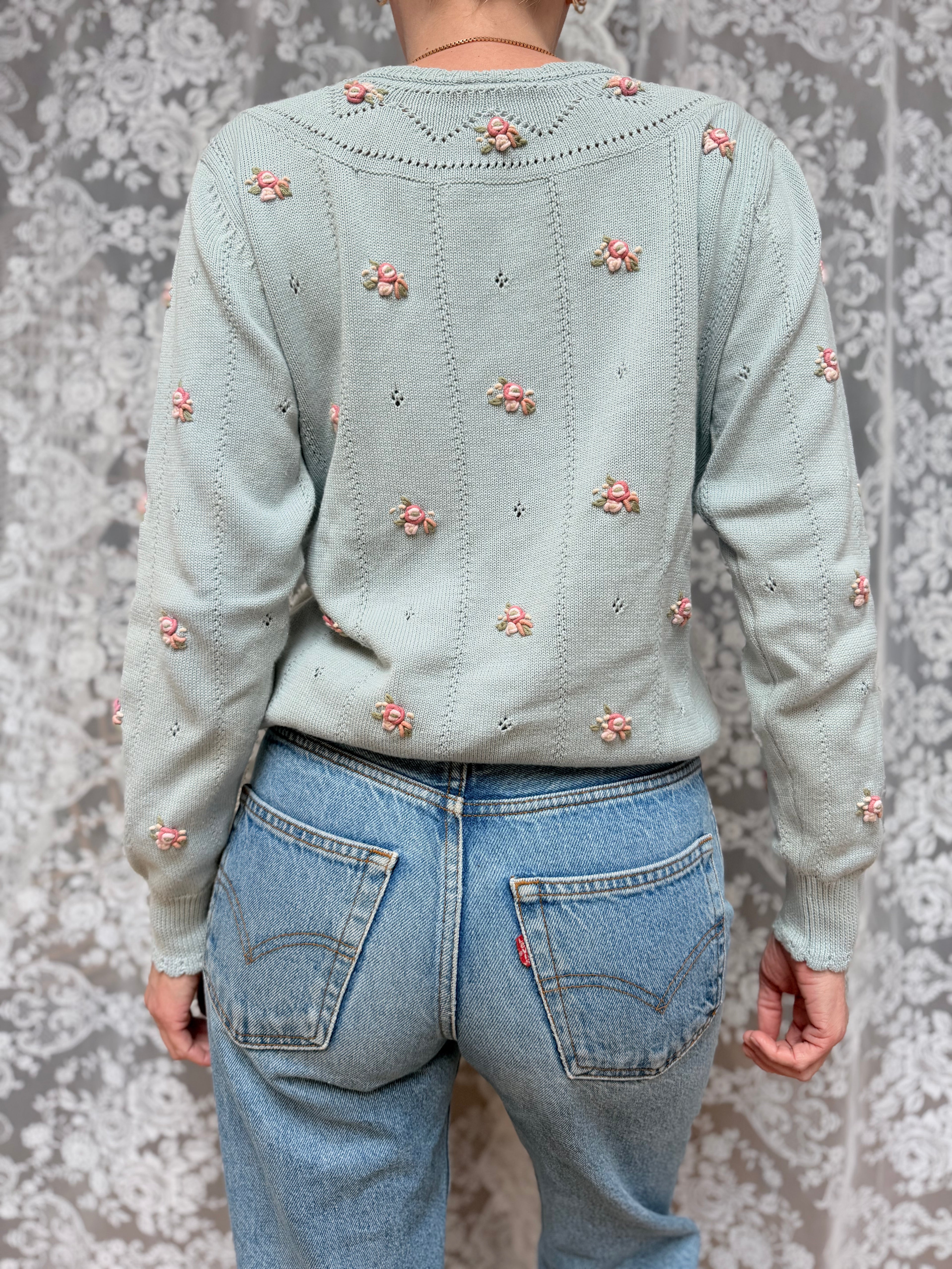 Laura Ashley 1980s Baby Blue & Pink Rose Cotton Cottagecore Jumper