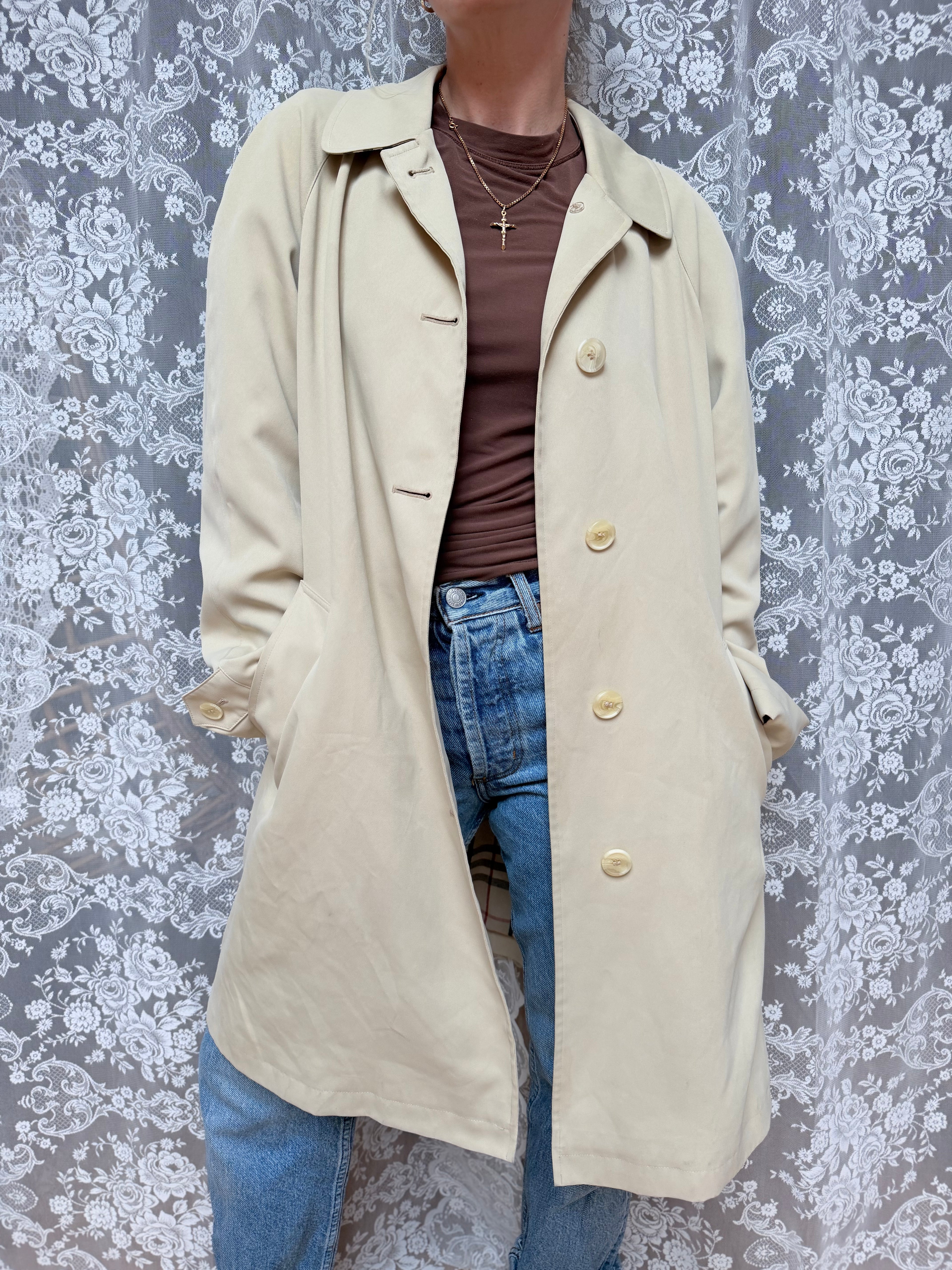 Vintage 1970s/1980s Burberry Beige Single-Breasted Mac Coat with Check Lining