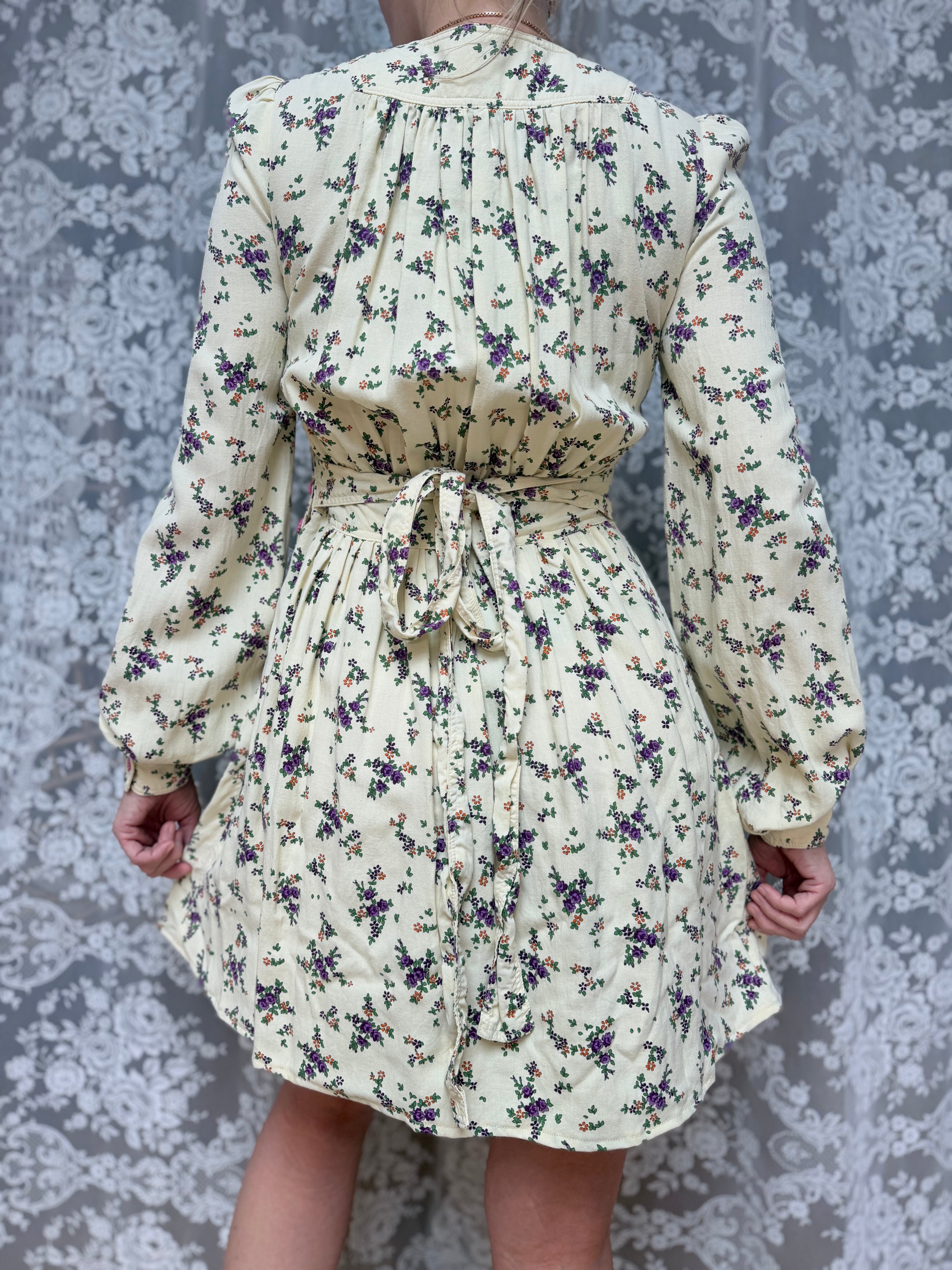 Vintage 1970s Jeff Banks Floral Bishop Sleeve Mini Dress