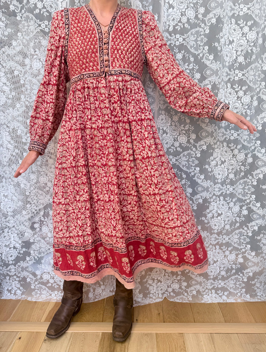Rare Vintage 1970s Red Block Print Quilted Midi Dress