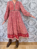 Rare Vintage 1970s Red Block Print Quilted Midi Dress
