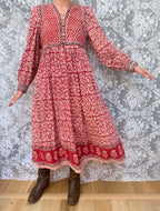 Rare Vintage 1970s Red Block Print Quilted Midi Dress
