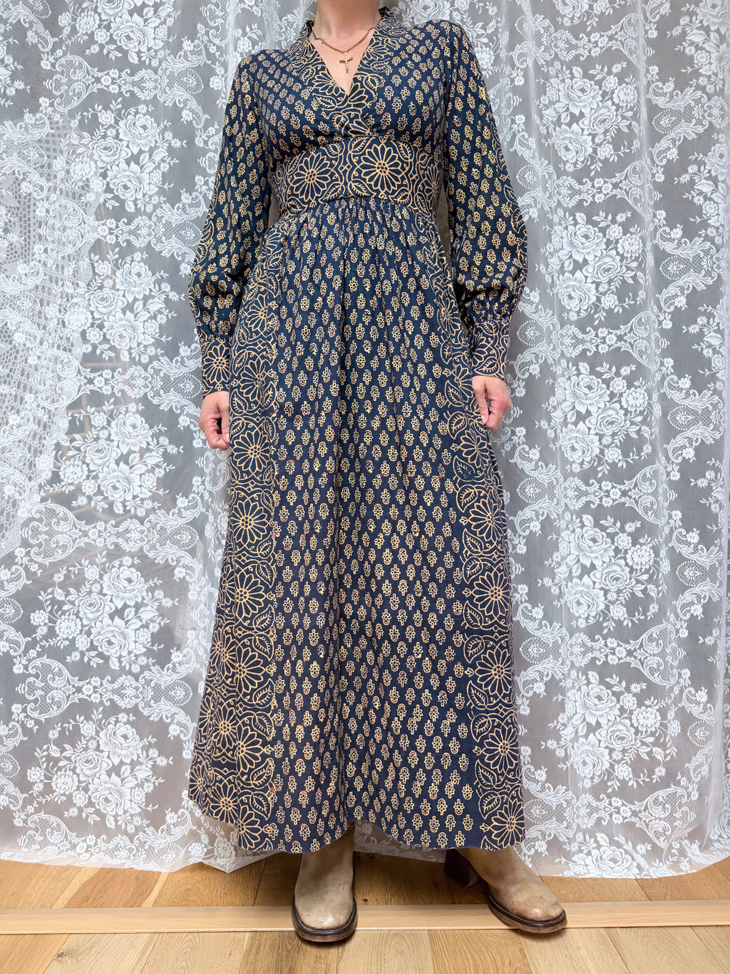 Vintage 1970s India Imports Adini Block Print Boho Maxi Dress