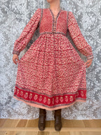 Rare Vintage 1970s Red Block Print Quilted Midi Dress