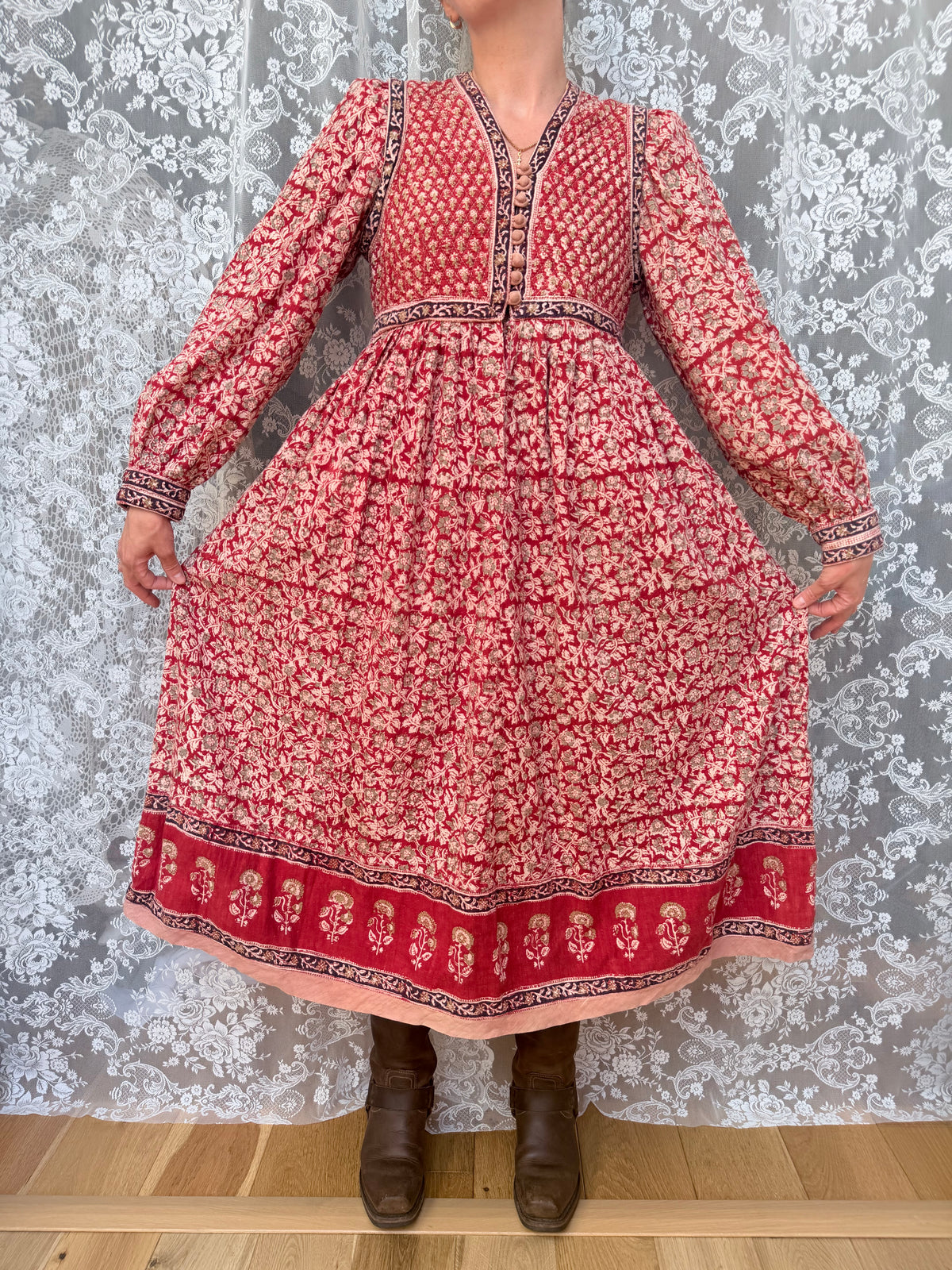 Rare Vintage 1970s Red Block Print Quilted Midi Dress