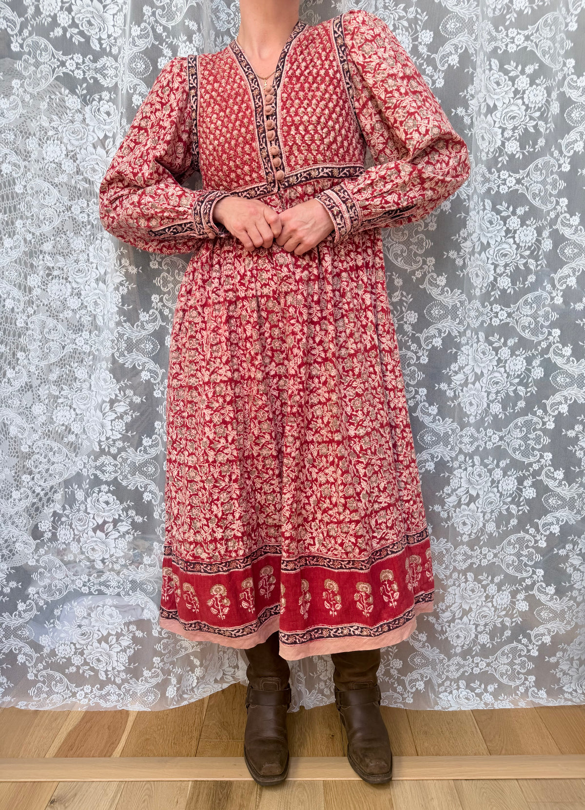 Rare Vintage 1970s Red Block Print Quilted Midi Dress