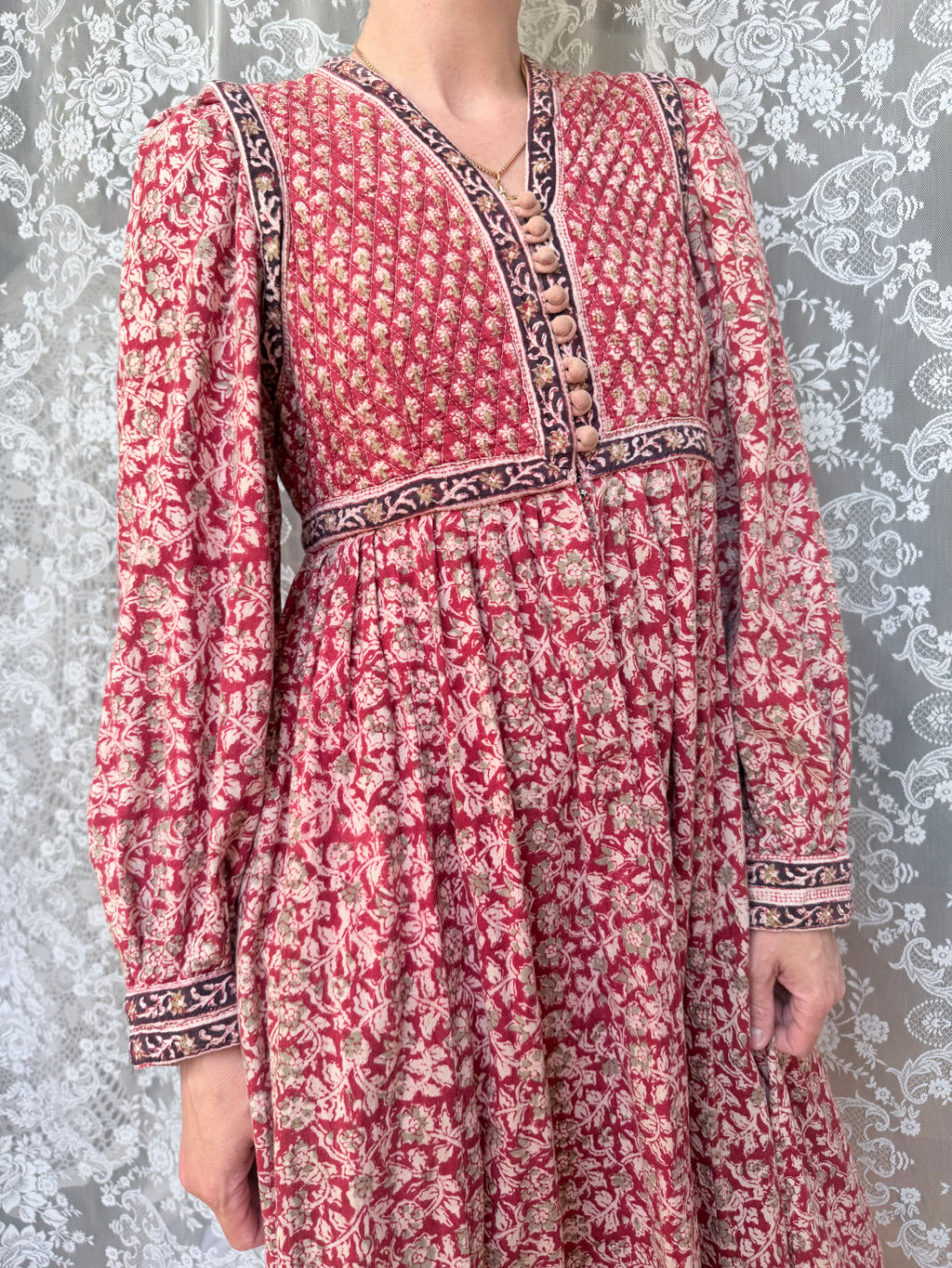 Rare Vintage 1970s Red Block Print Quilted Midi Dress