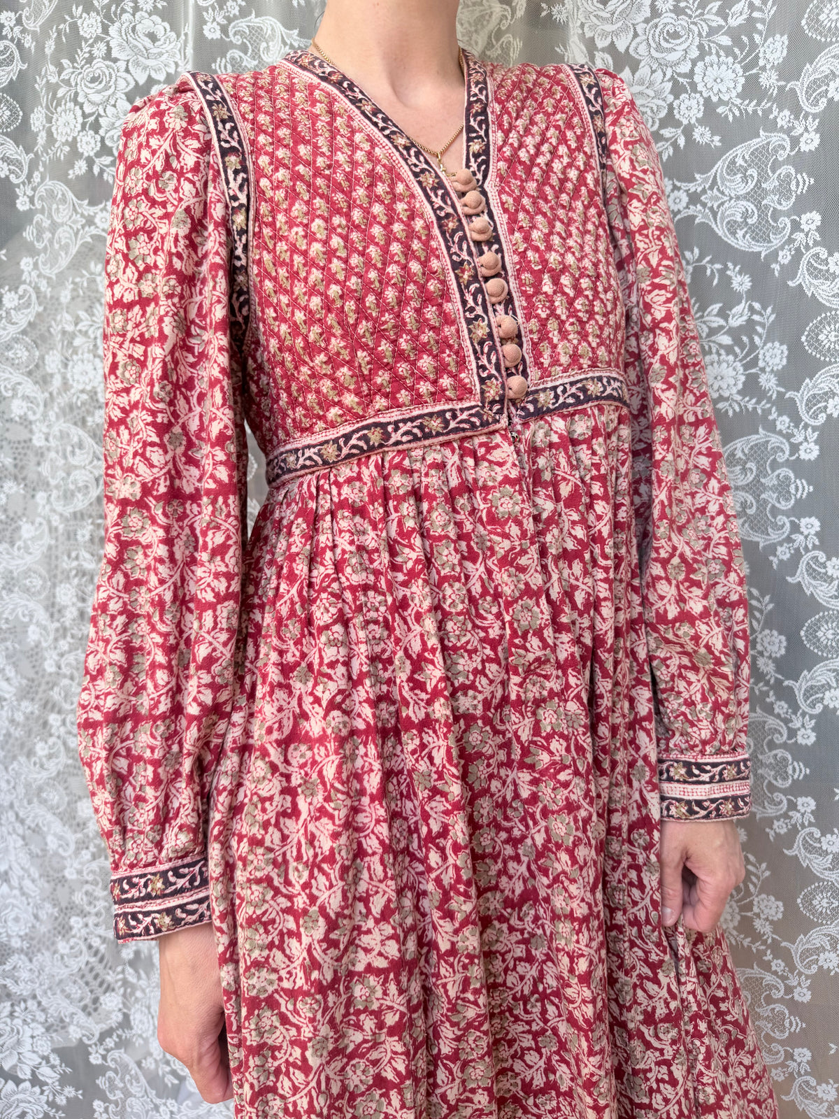 Rare Vintage 1970s Red Block Print Quilted Midi Dress