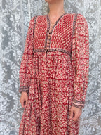 Rare Vintage 1970s Red Block Print Quilted Midi Dress