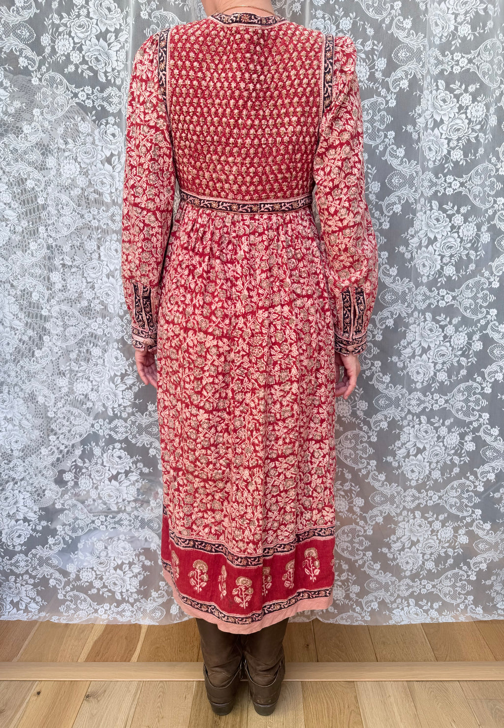 Rare Vintage 1970s Red Block Print Quilted Midi Dress
