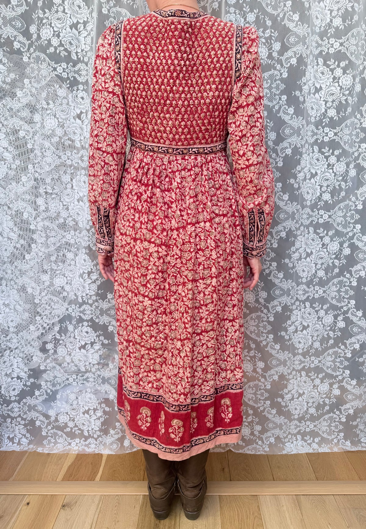Rare Vintage 1970s Red Block Print Quilted Midi Dress