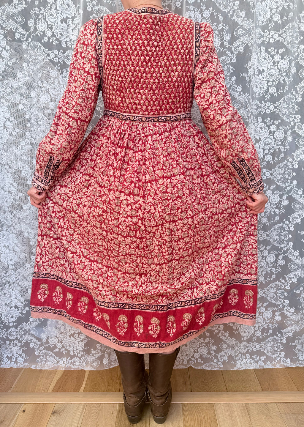 Rare Vintage 1970s Red Block Print Quilted Midi Dress