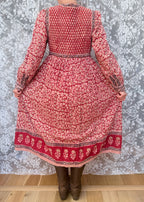 Rare Vintage 1970s Red Block Print Quilted Midi Dress