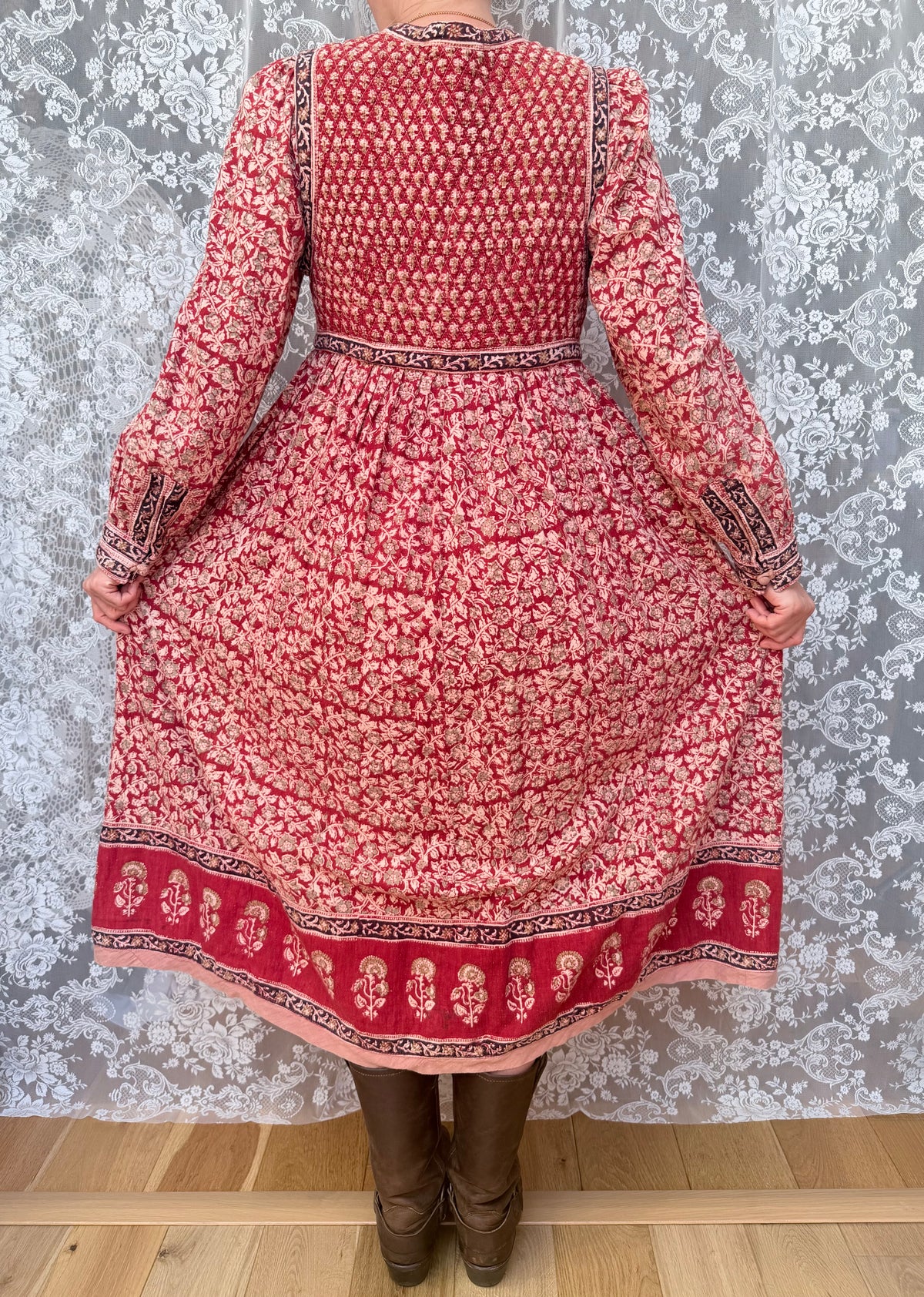 Rare Vintage 1970s Red Block Print Quilted Midi Dress