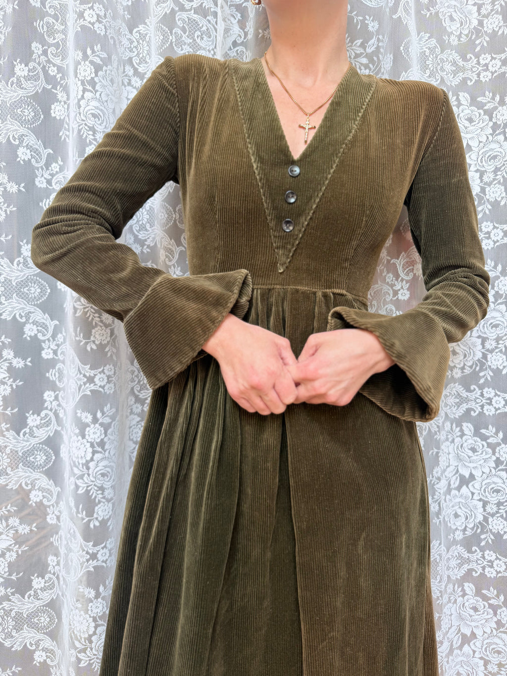 Vintage 1970s Laura Ashley Early Label Revival Bell Sleeve Dress