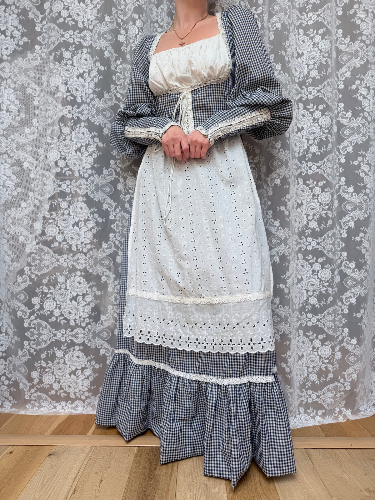 Rare Vintage 1970s Gunne Sax Blue Gingham Milkmaid Prairie Maxi Dress