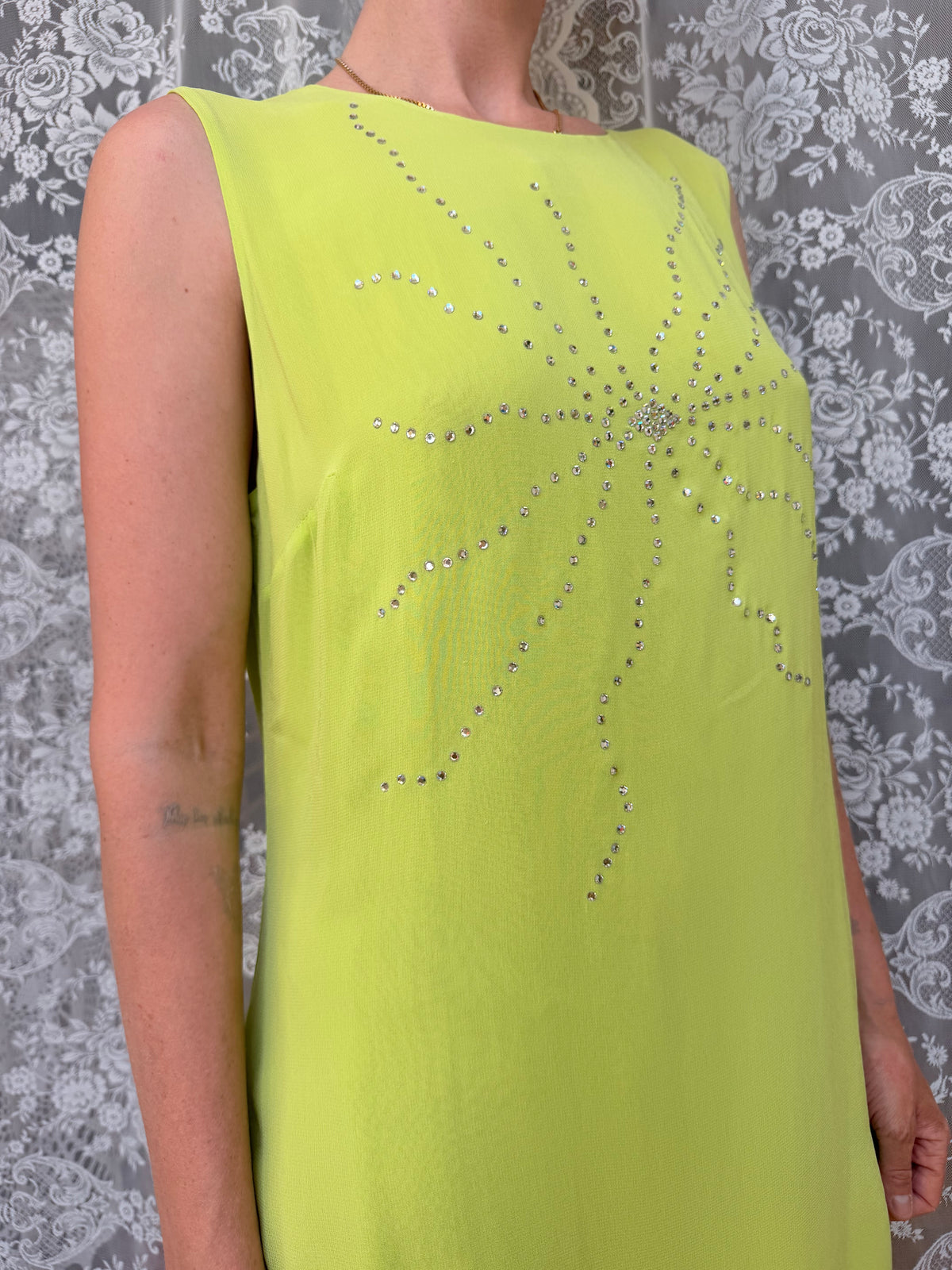 Vintage 1990s Versus Gianni Versace Bright Green Rhinestone Star Dress
