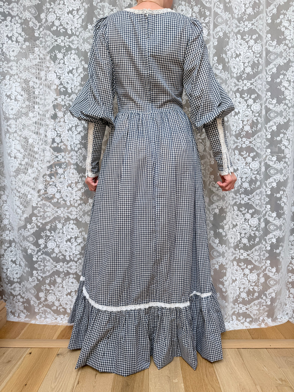 Rare Vintage 1970s Gunne Sax Blue Gingham Milkmaid Prairie Maxi Dress