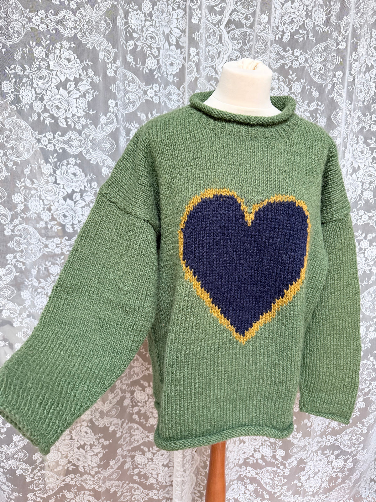 Vintage 1990s Pachamama Hand-Knitted Green Heart Wool Jumper