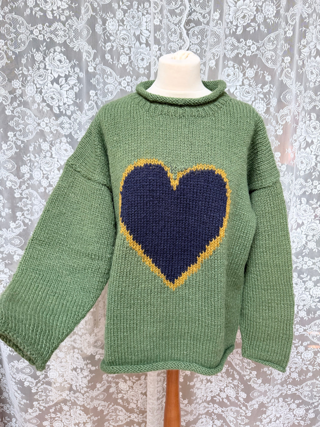 Vintage 1990s Pachamama Hand-Knitted Green Heart Wool Jumper