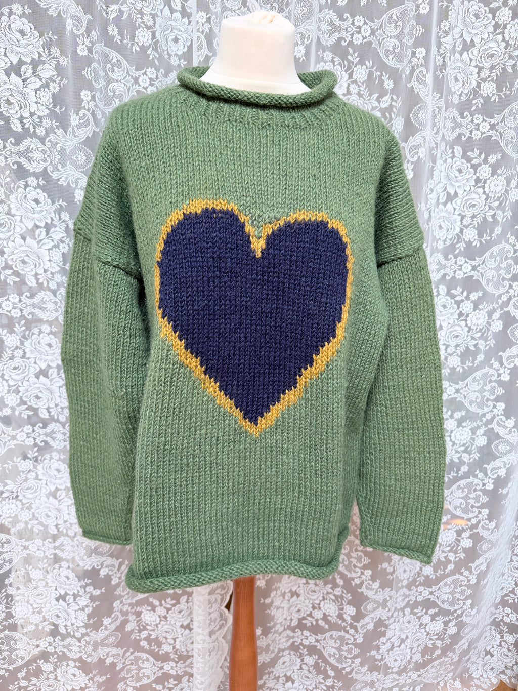 Vintage 1990s Pachamama Hand-Knitted Green Heart Wool Jumper
