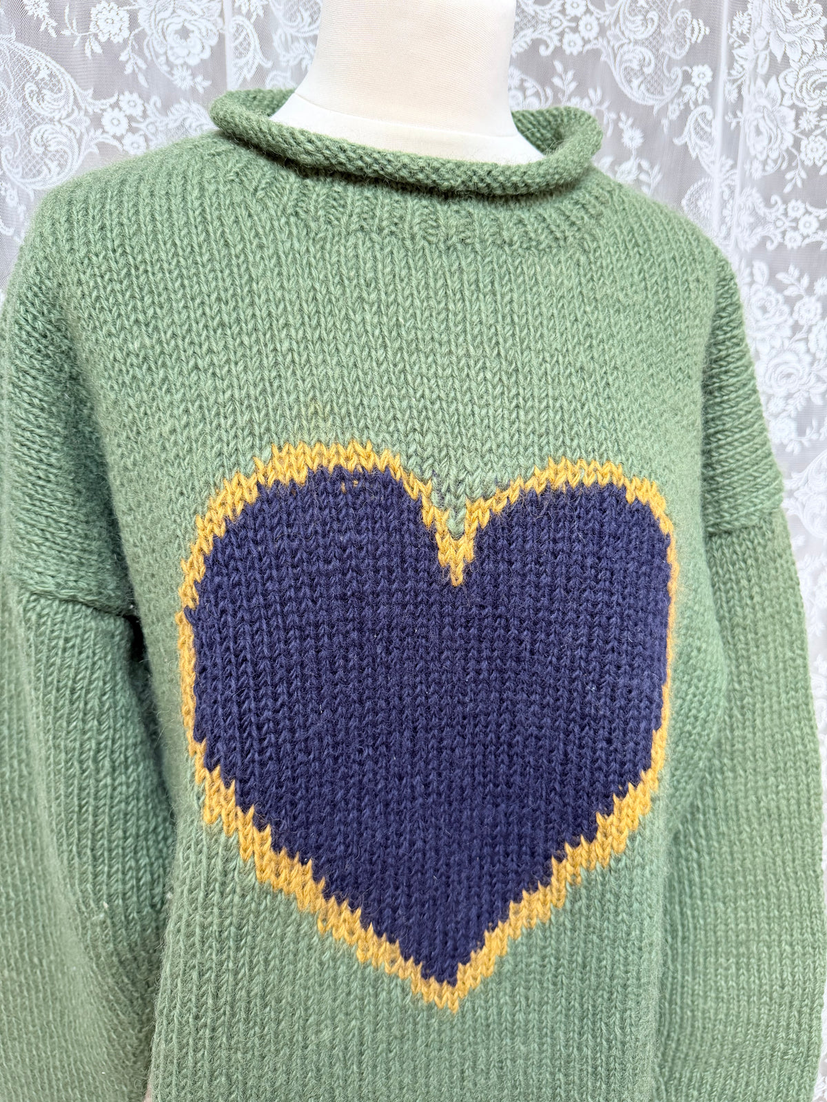 Vintage 1990s Pachamama Hand-Knitted Green Heart Wool Jumper