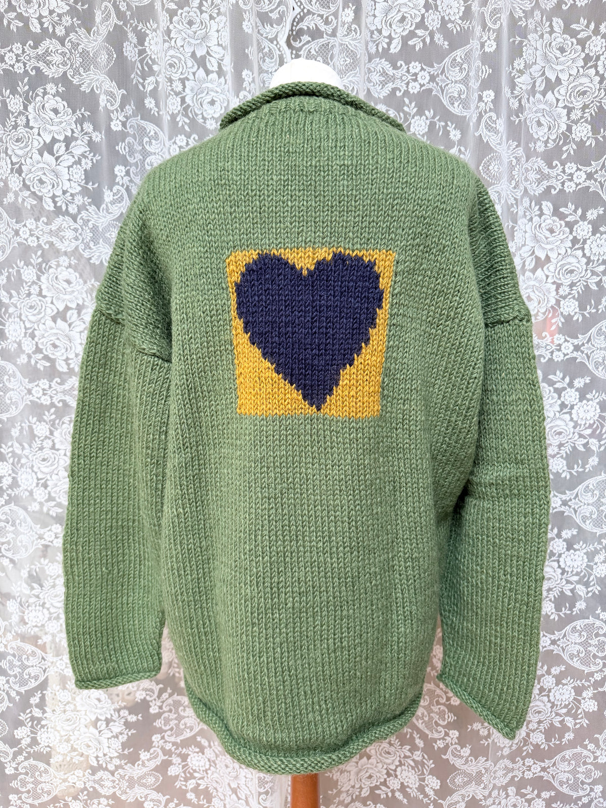 Vintage 1990s Pachamama Hand-Knitted Green Heart Wool Jumper