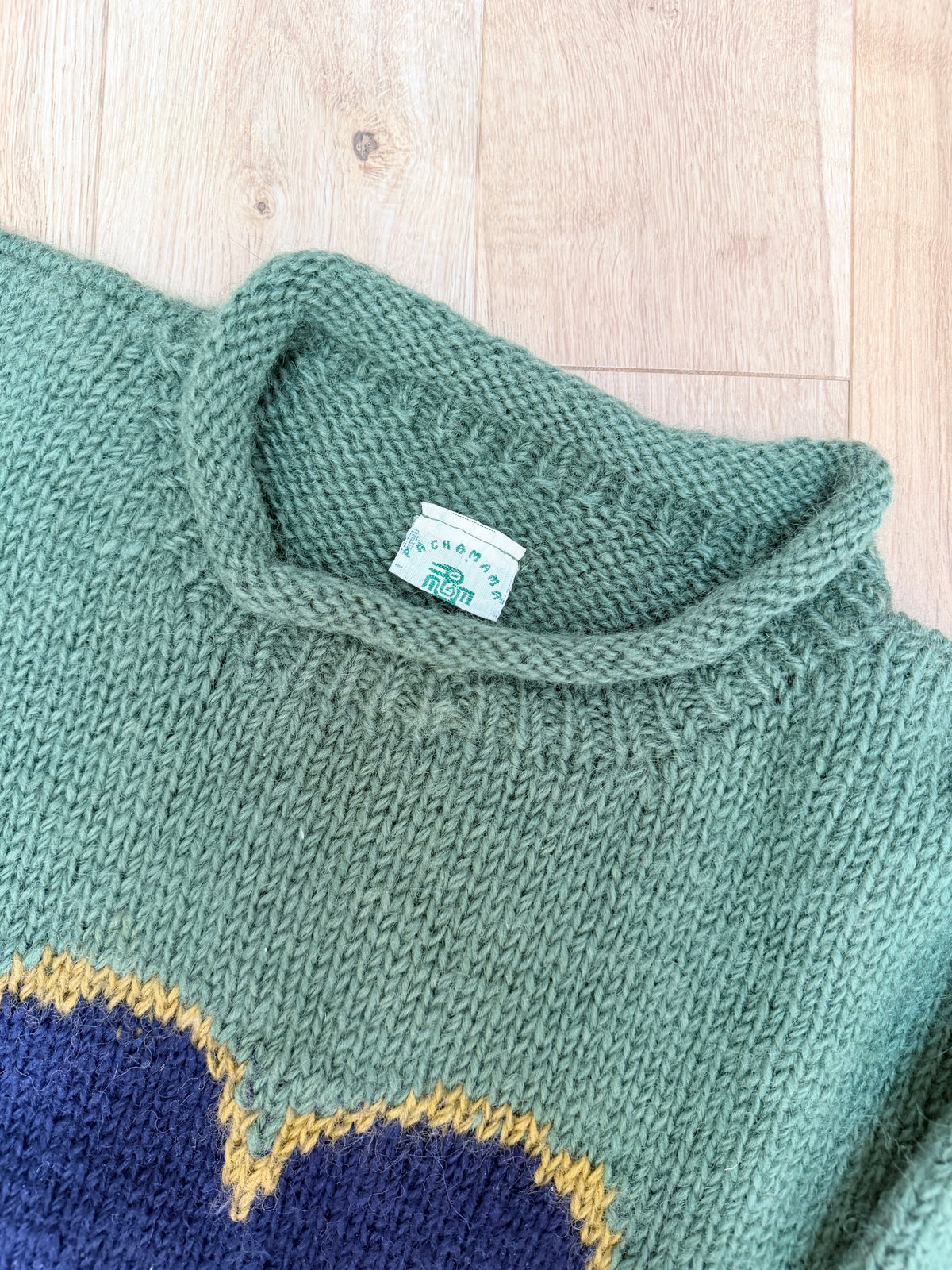 Vintage 1990s Pachamama Hand-Knitted Green Heart Wool Jumper