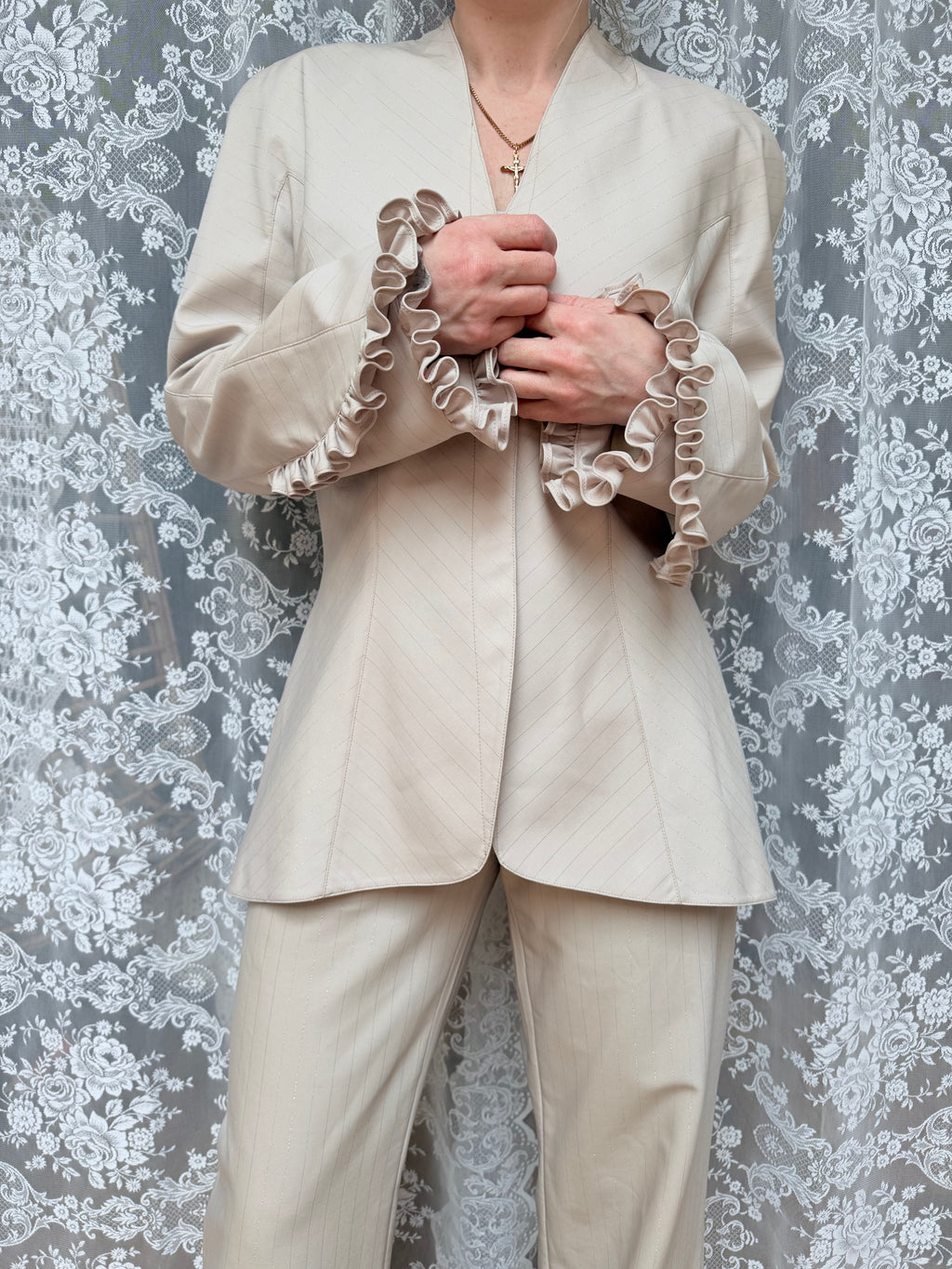 Rare Vintage 1990s/Y2K Thierry Mugler Cream Women's Two-Piece Suit