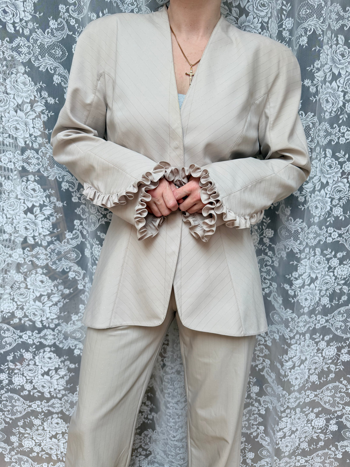 Rare Vintage 1990s/Y2K Thierry Mugler Cream Women's Two-Piece Suit