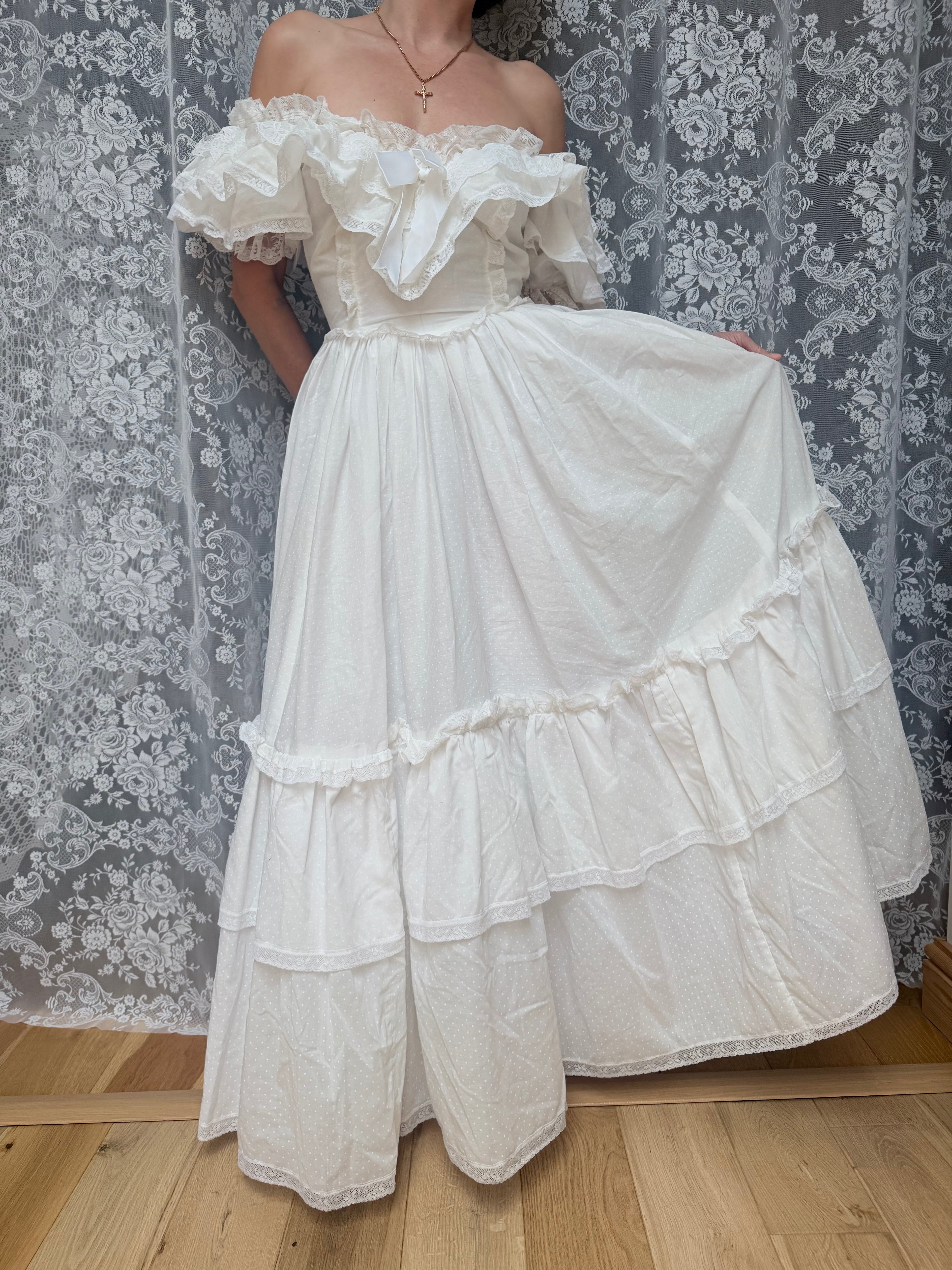 Vintage 1980s Bo Peep Lace Wedding Dress | Cottagecore Prairie Bridal Gown