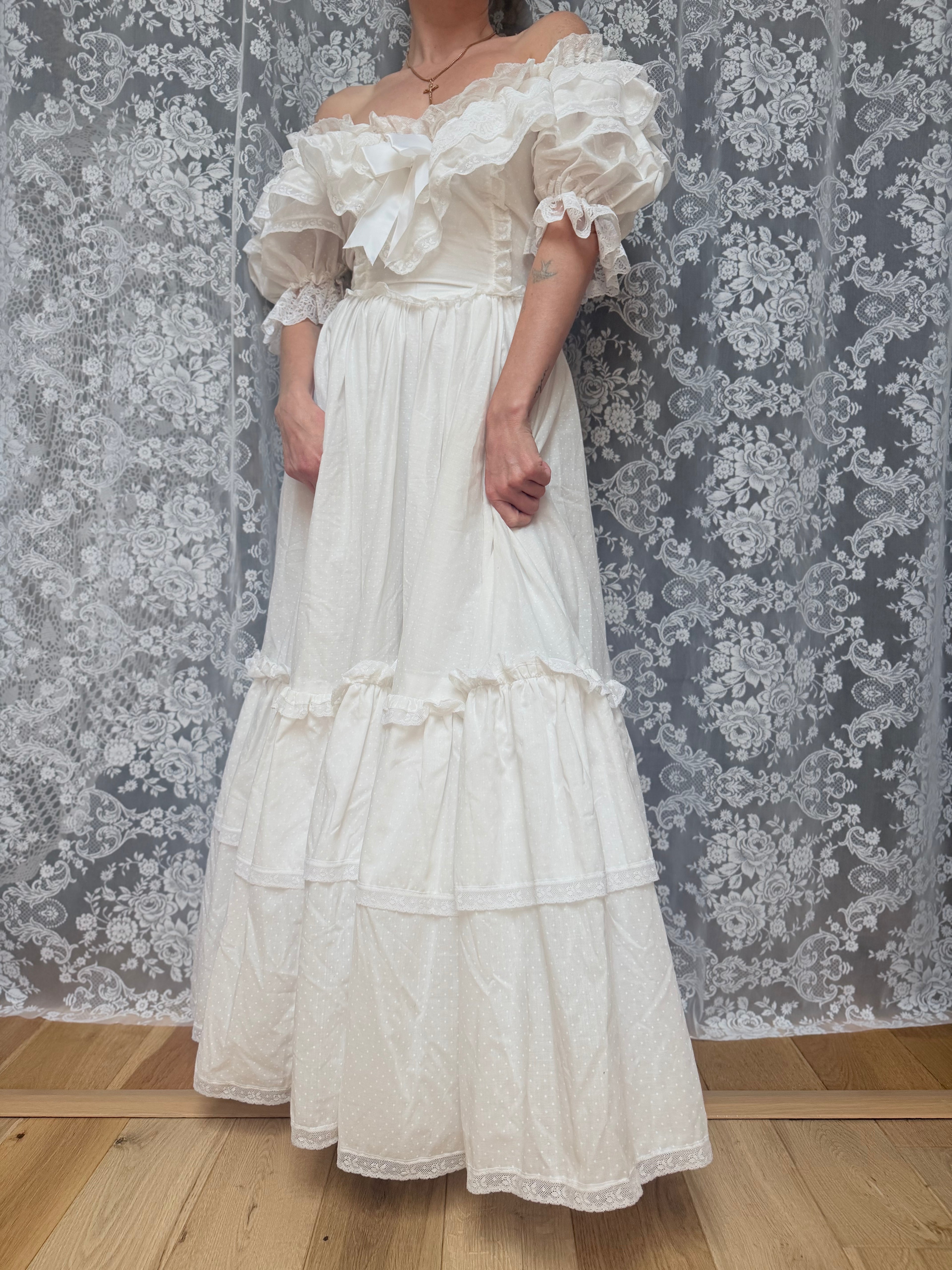 Vintage 1980s Bo Peep Lace Wedding Dress | Cottagecore Prairie Bridal Gown