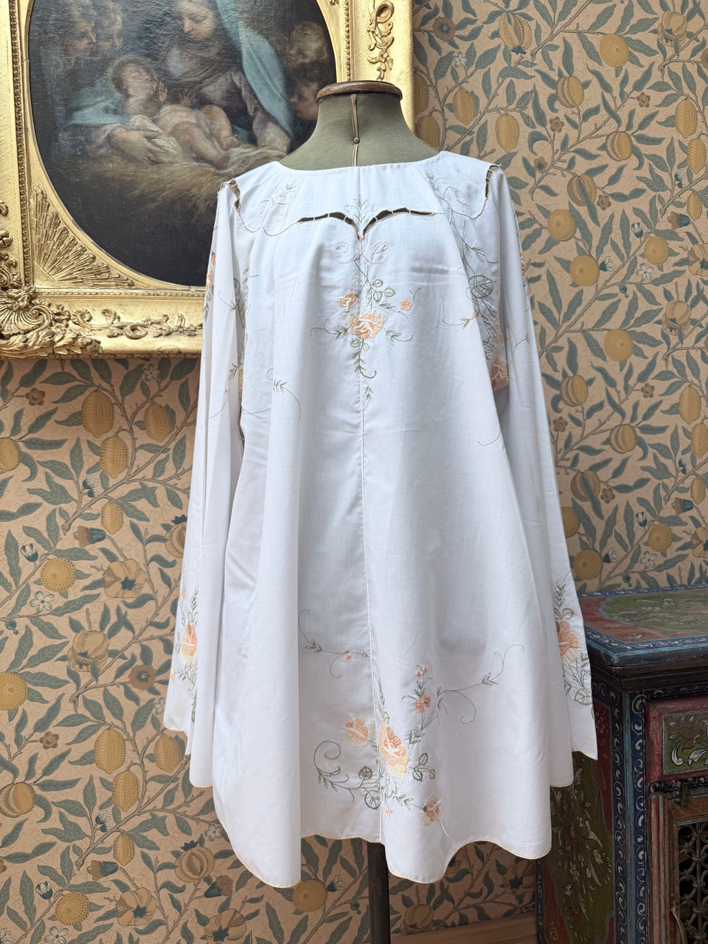 Vintage 1960s Floral Embroidery Bell Sleeve Handmade Mini Dress