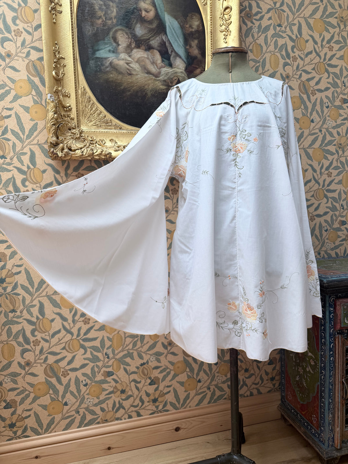 Vintage 1960s Floral Embroidery Bell Sleeve Handmade Mini Dress
