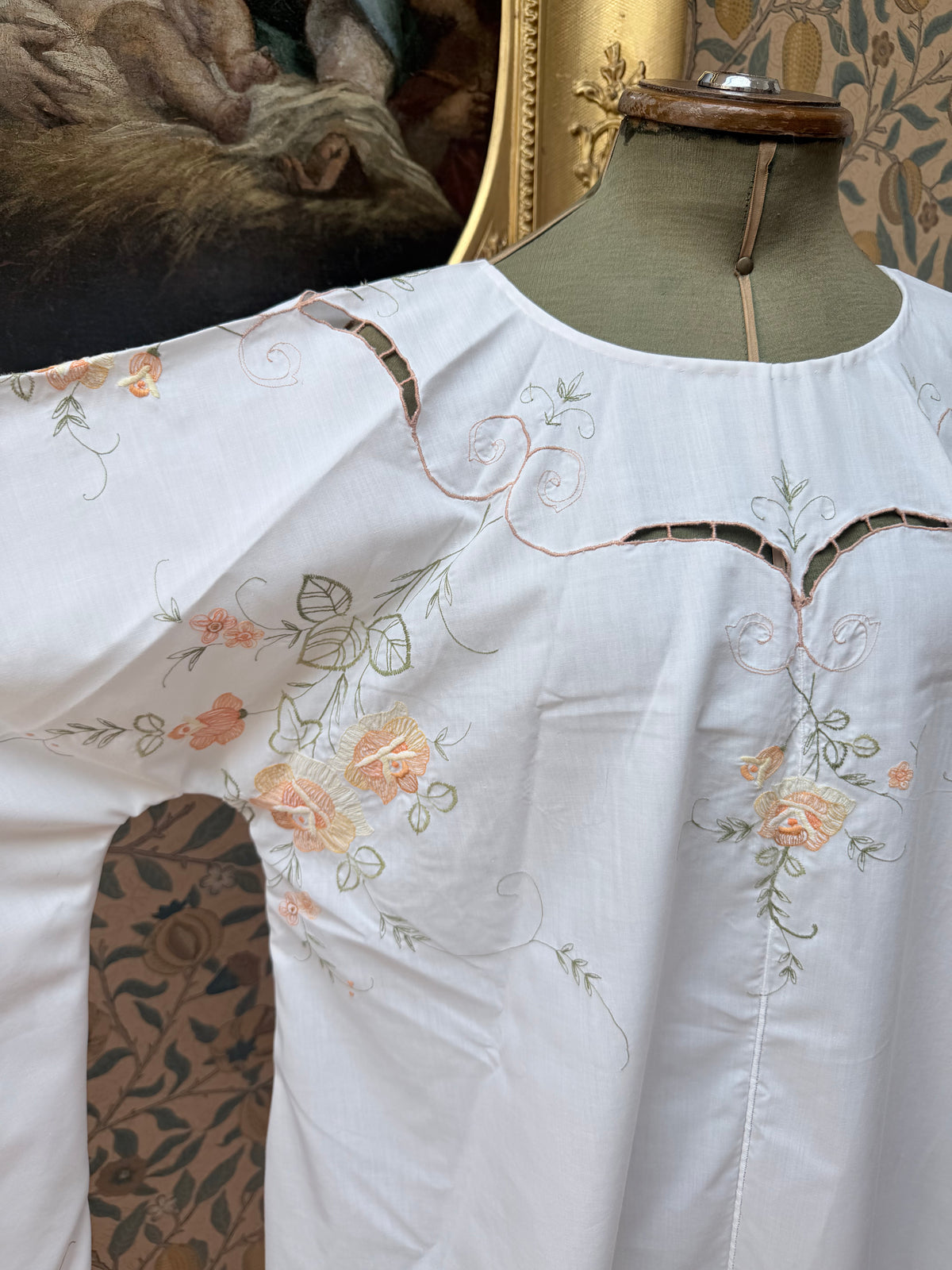 Vintage 1960s Floral Embroidery Bell Sleeve Handmade Mini Dress