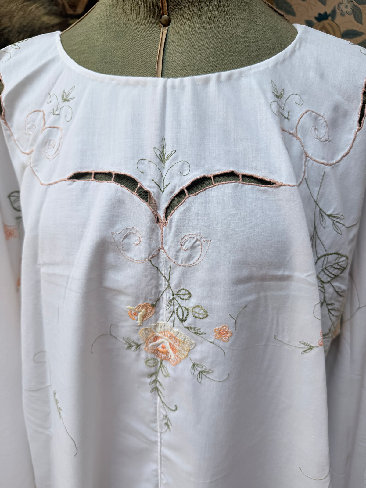 Vintage 1960s Floral Embroidery Bell Sleeve Handmade Mini Dress