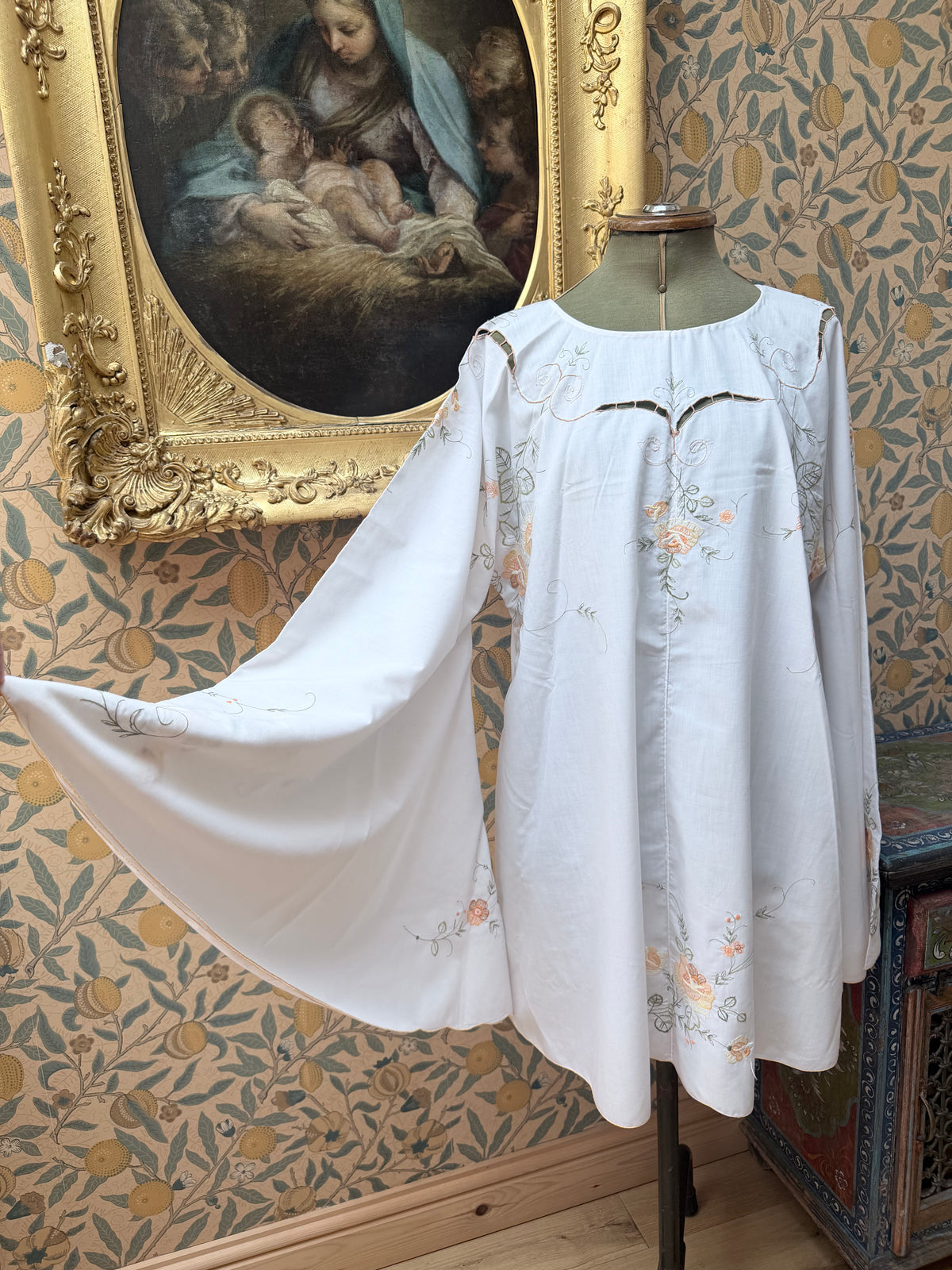 Vintage 1960s Floral Embroidery Bell Sleeve Handmade Mini Dress