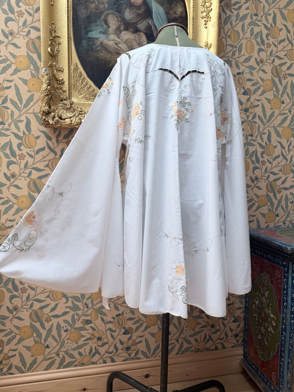 Vintage 1960s Floral Embroidery Bell Sleeve Handmade Mini Dress