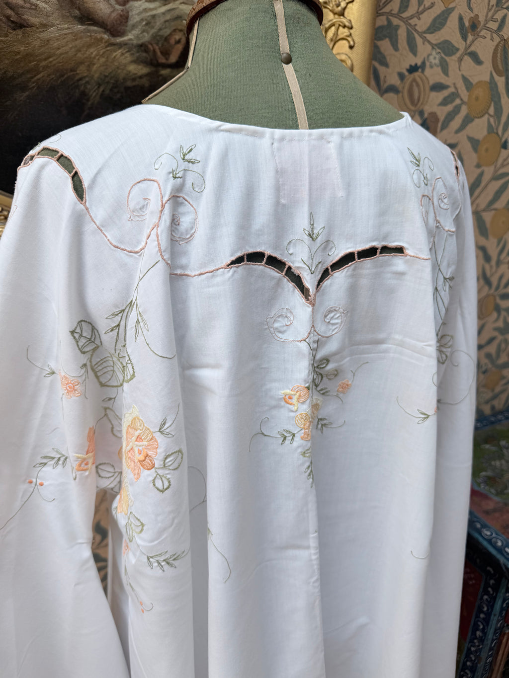 Vintage 1960s Floral Embroidery Bell Sleeve Handmade Mini Dress