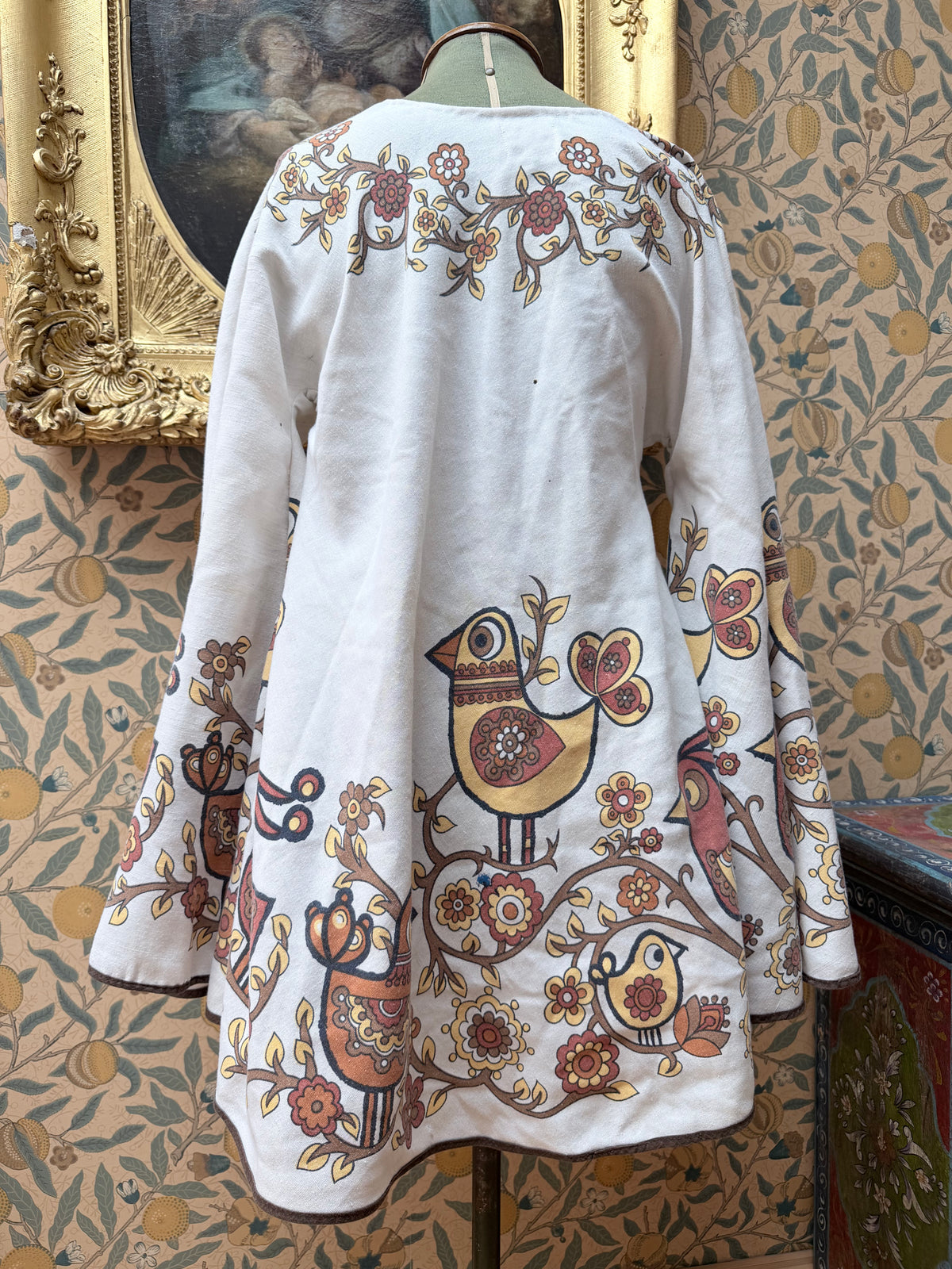 Vintage 1960 Brown Bird Bell Sleeve Handmade Festival Mini Dress