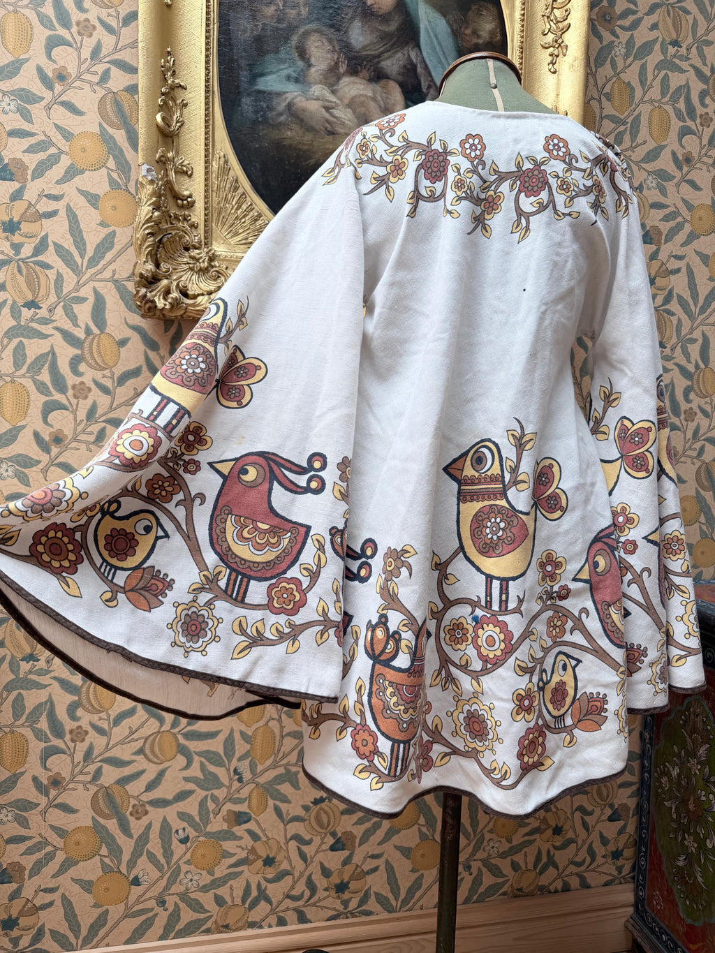 Vintage 1960 Brown Bird Bell Sleeve Handmade Festival Mini Dress