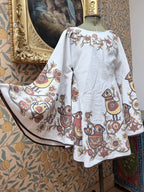 Vintage 1960 Brown Bird Bell Sleeve Handmade Festival Mini Dress
