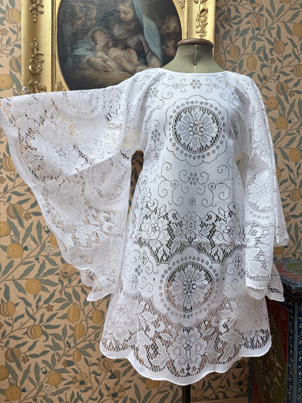 White Vintage Lace Bell Sleeve Festival Mini Dress